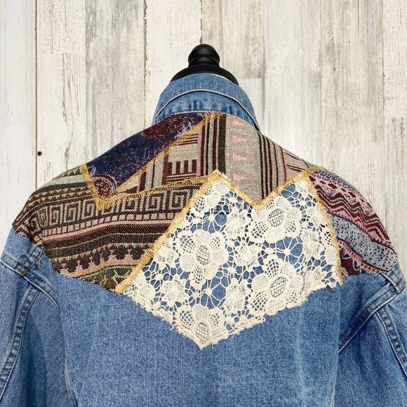 Carmar Tapestry Crop Jean Jacket Blue Denim LF Lace Boxy Festival Boho Size XS - Picture 7 of 9